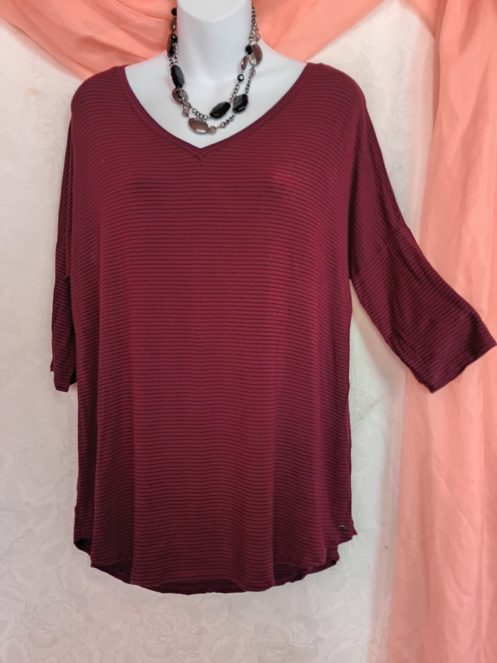 Jegging T Women's V-Neck Long Sleeve Striped Tunic - Burgundy Stripe Sz M
